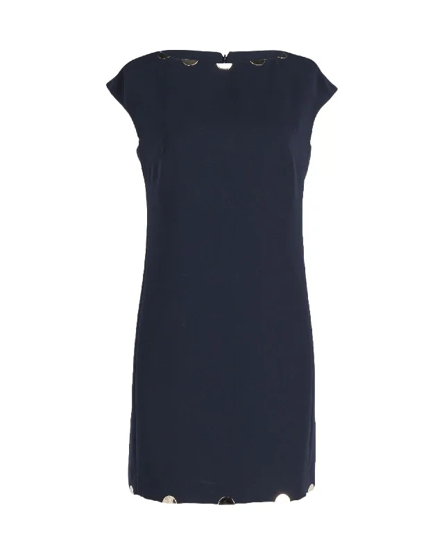 Fashion Sale Versace Metal Detail Shift Dress in Navy Blue Polyester